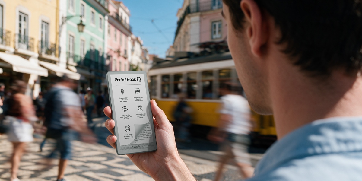 Žepni e-bralnik PocketBook Q v velikosti telefona na sejmu IFA 2026: priročen pripomoček za digitalni detox, branje in poslušanje zvočnih vsebin